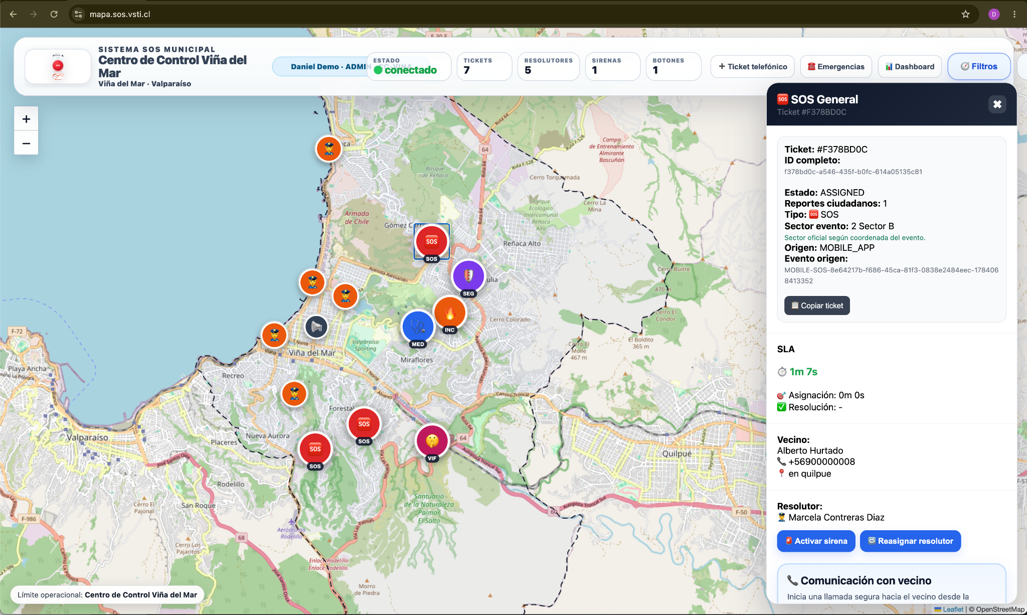 Centro de Control QUELTU con mapa georreferenciado, tickets y equipos de respuesta